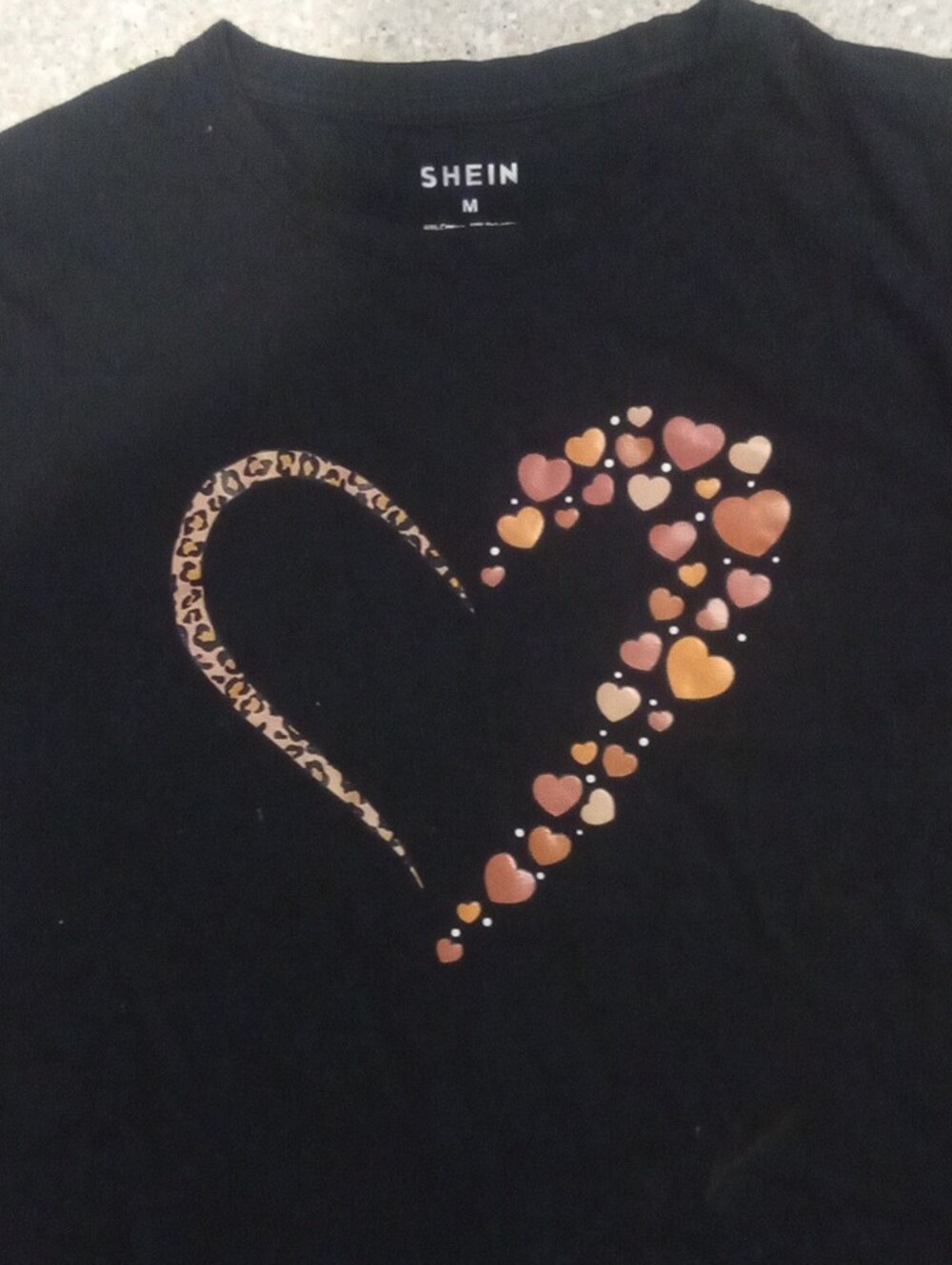 #802 "SHEIN" Black Tee with Leopard Heart and Pink-Orange Accents - Picture 2 of 5